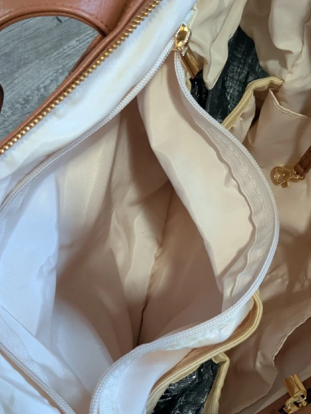 Tan Vegan Leather Baby Diaper Bag Tote Backpack with Multiple Front Pockets
